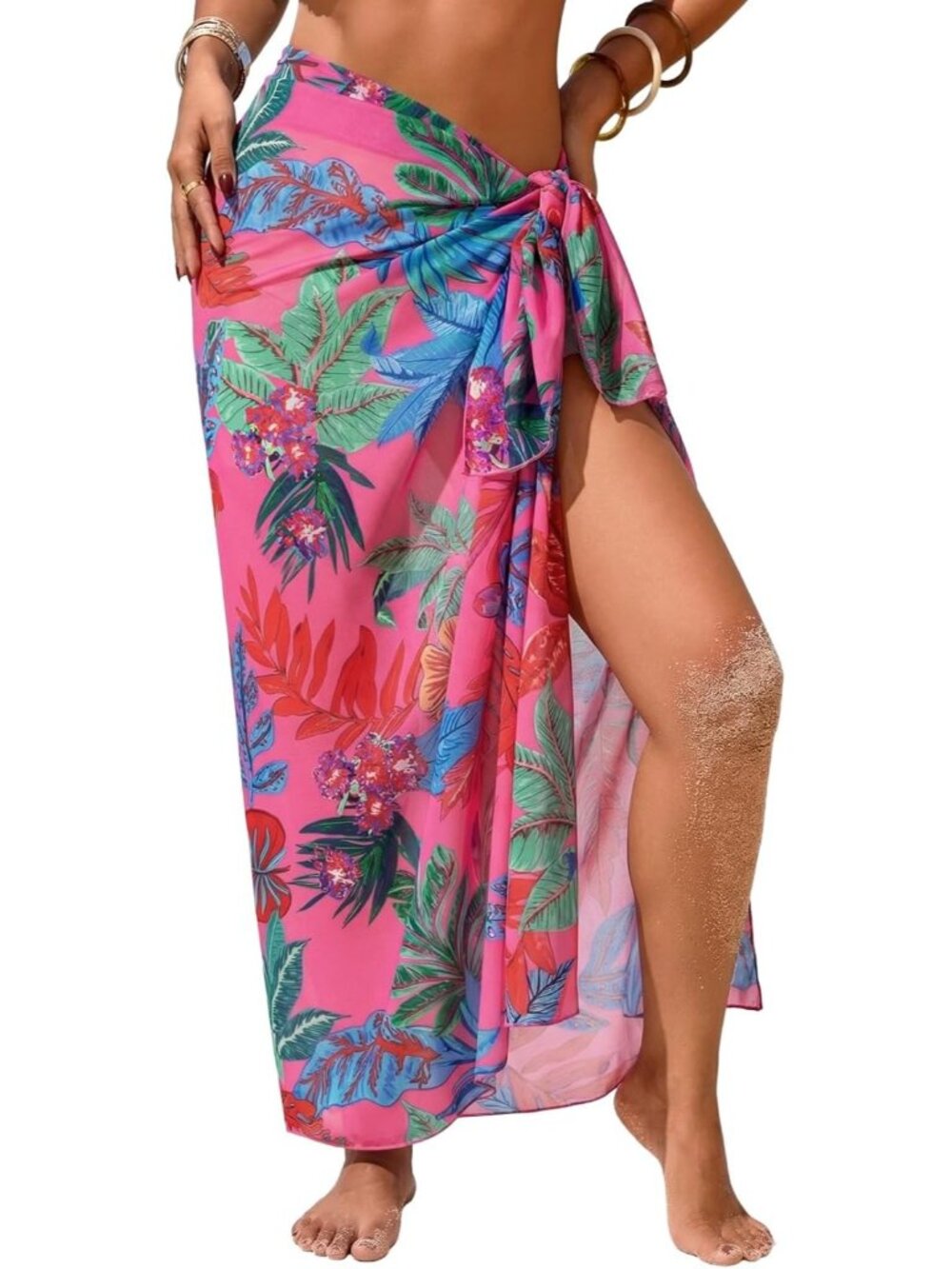 Women's Rose Tropical Leaf Swimsuit High Slit Summer Floral Print Wrap Beach